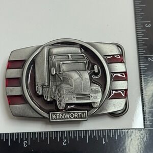 Kenworth Trucker Belt Buckle Vintage Metal Silver Tone Red Stripes
